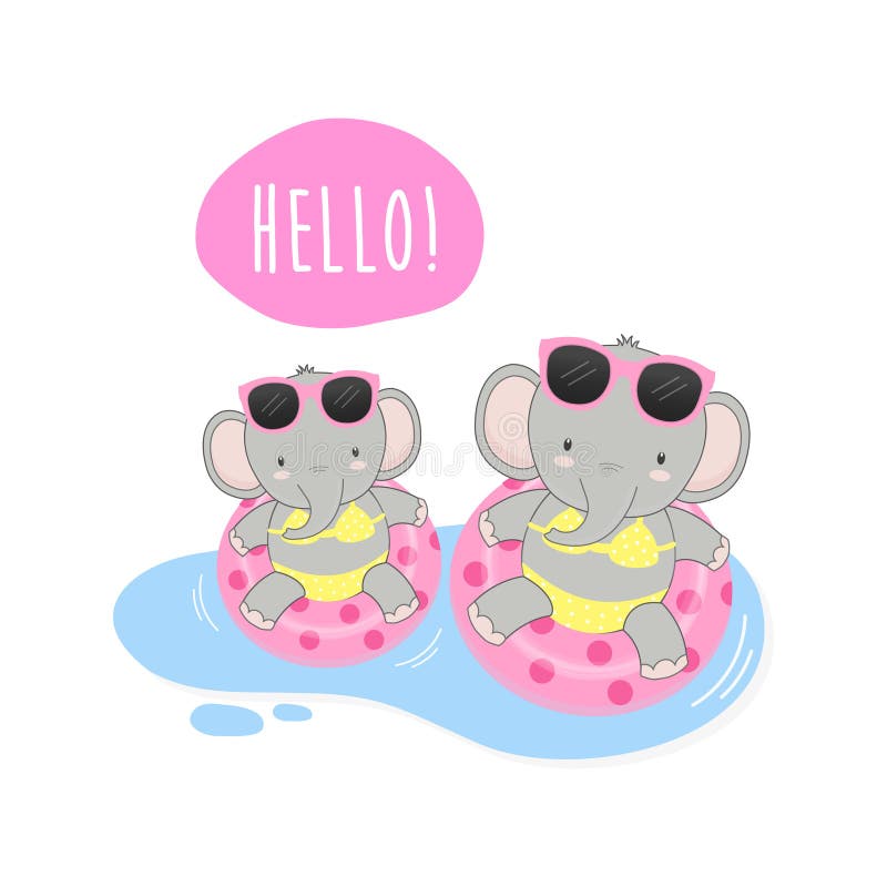 Hello Summer Cute Elephants Were Bikini and Swim Ring Cartoon. Stock