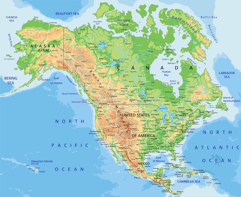 High Detailed North America Physical Map with Labeling. Stock Vector