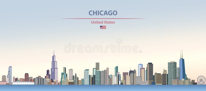 Vector illustration of Chicago city skyline on colorful gradient beautiful day sky background with flag of United States vector illustration