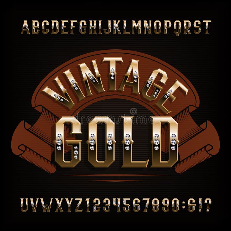 Vintage Gold alphabet font. Golden letters and numbers with diamond gemstone. stock illustration Vintage Gold alphabet font. Golden letters and numbers with diamond gemstone. stock illustration