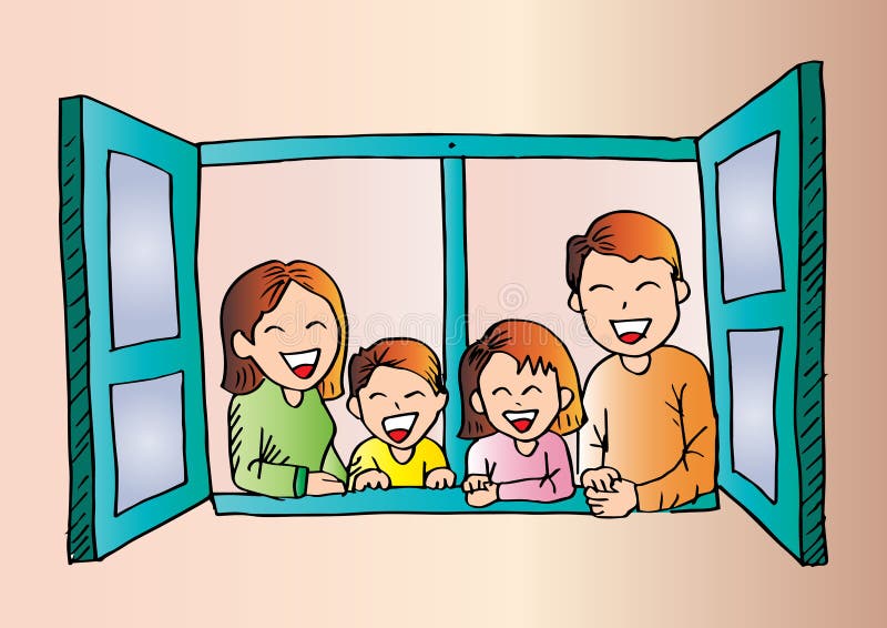 Cartoon of happy family in open window. royalty free illustration Cartoon of happy family in open window. royalty free illustration