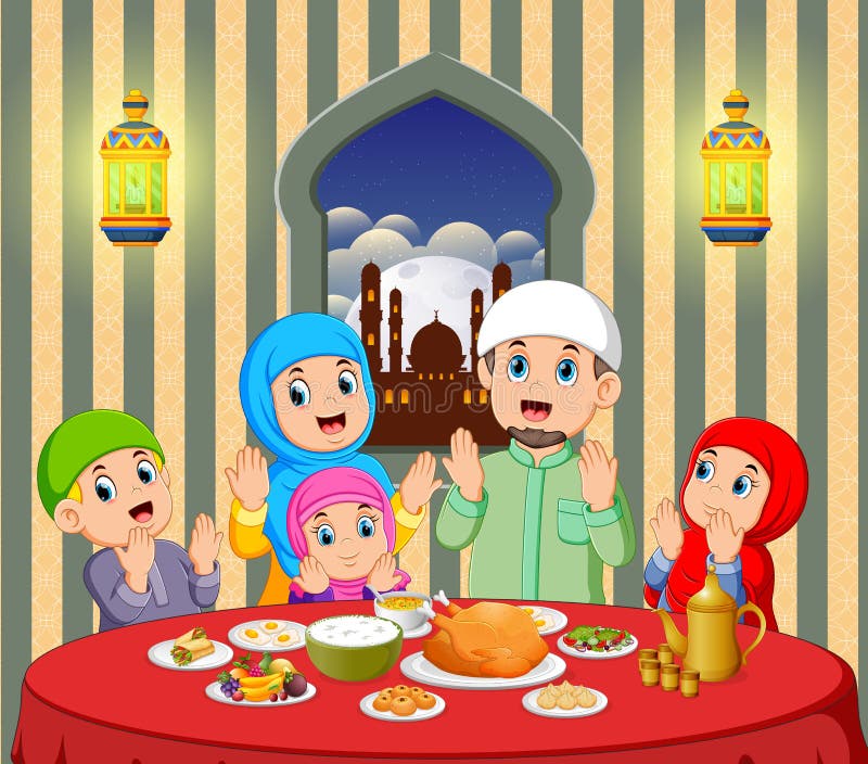 Illustration of A happy family are praying before eating in their house with beautiful view from the window