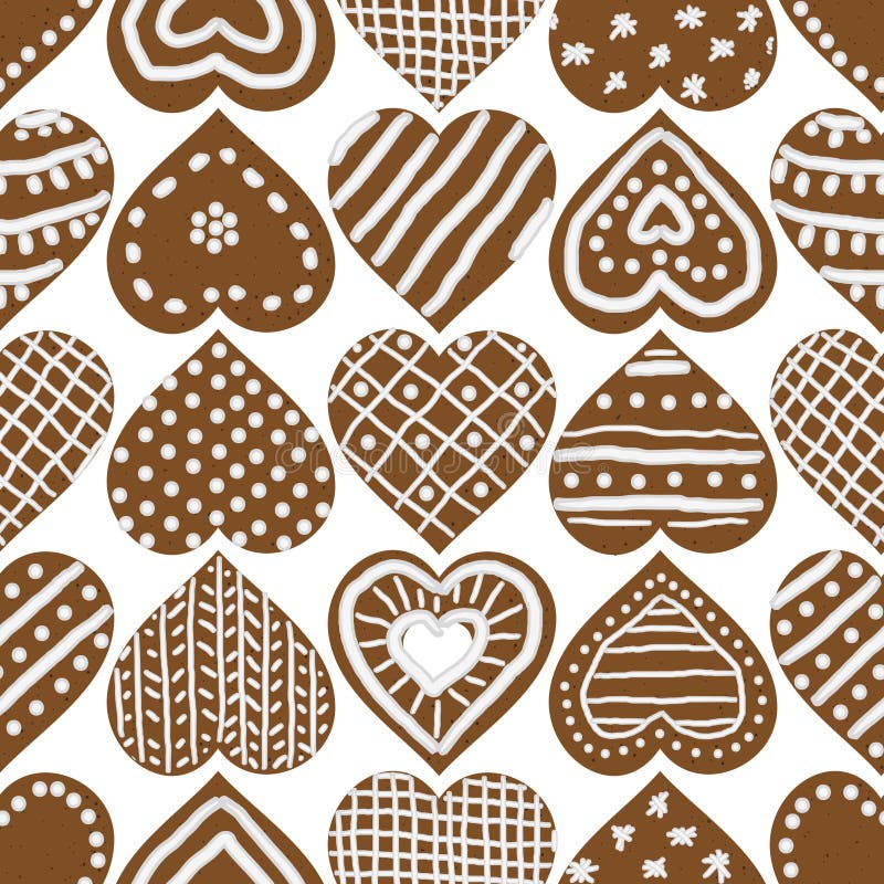 Christmas seamless vector pattern with iced gingerbread heart cookies having different icing decorations.