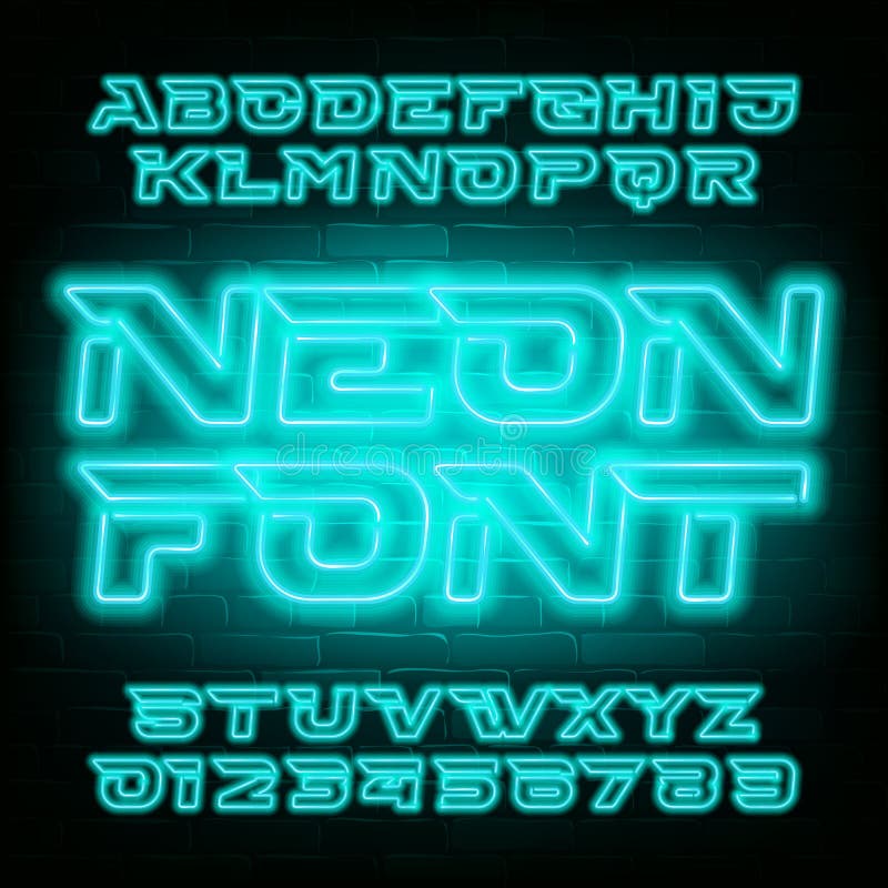 Neon Alphabet Font. Light Bulb Futuristic Oblique Letters and Numbers ...