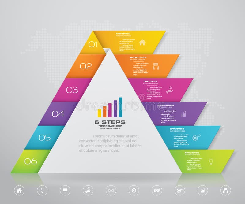 6 steps pyramid with free space for text on each level. stock illustration