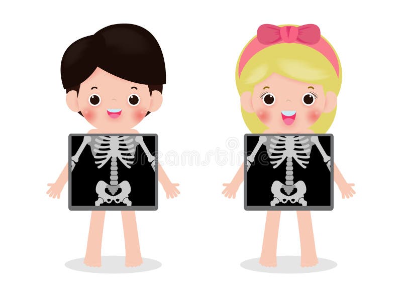 Cute cartoon boy and girl with x-ray screen showing internal organs and ske...