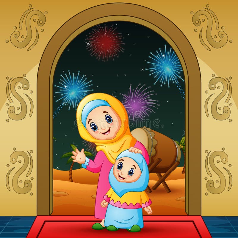 Muslim cartoon posing in the mosque stock illustration