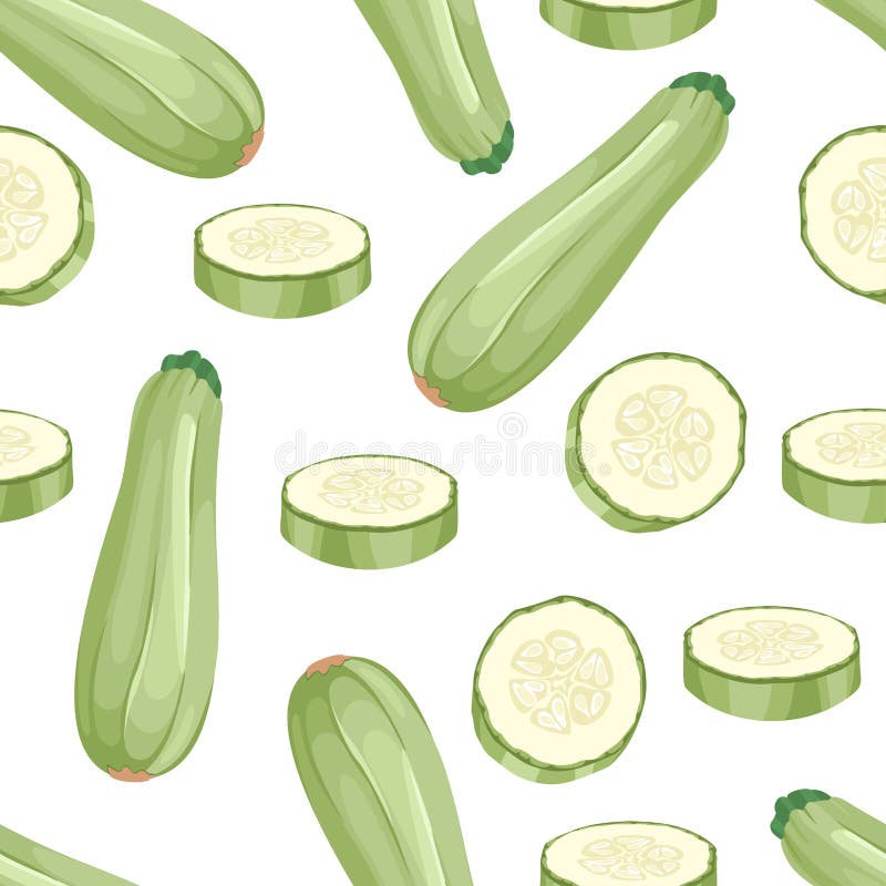Zucchini isolated on white background. Vegetables whole and slices seamless pattern. stock illustration Zucchini isolated on white background. Vegetables whole and slices seamless pattern. stock illustration
