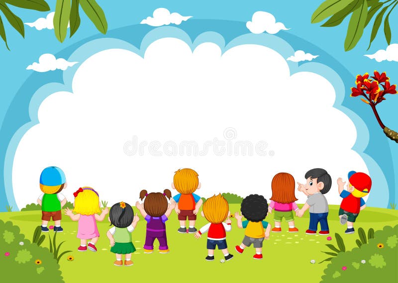 Illustration of the children are playing together with the blank banner and the good view. Children playing garden vectors