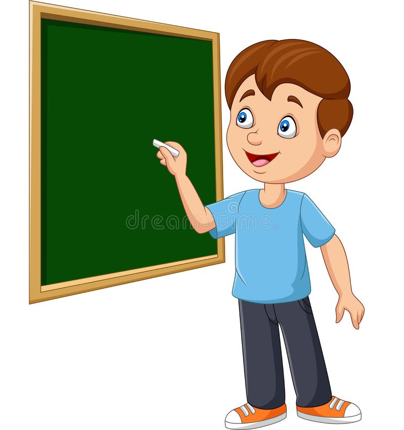 Cartoon schoolboy writing on the blackboard royalty free illustration