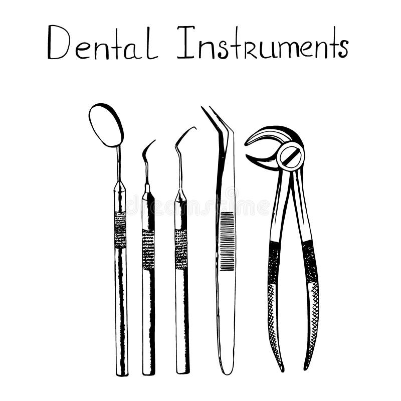 Dental Instruments, Sketch Style, Vector Illustration Stock Vector
