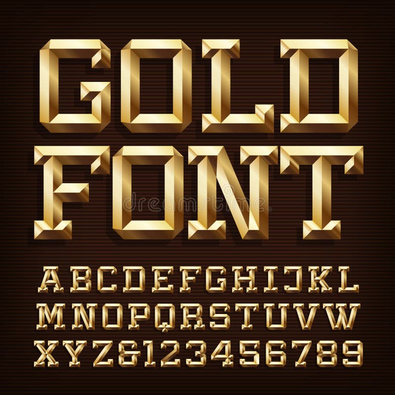 Gold alphabet font. 3d gold letters and numbers with bevel.