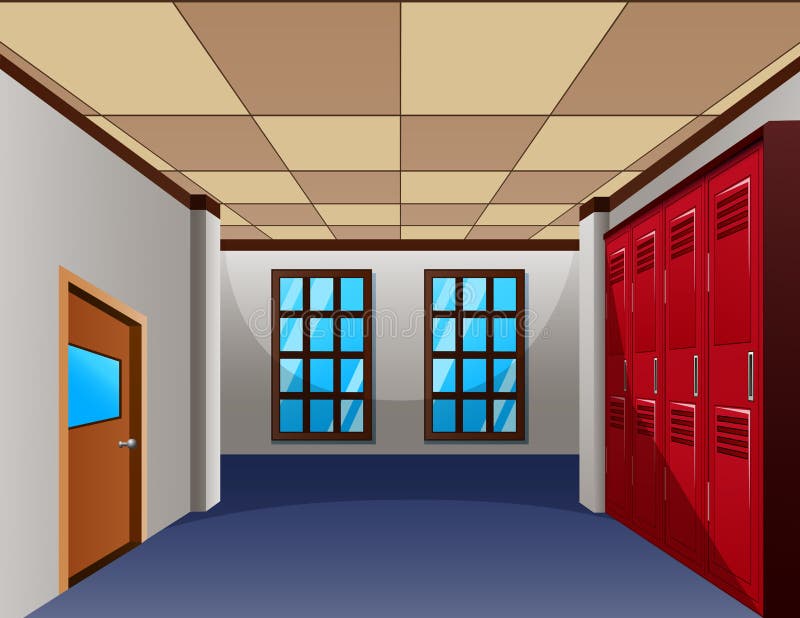 A Modern School Hallway with Row of Red Lockers Stock Vector