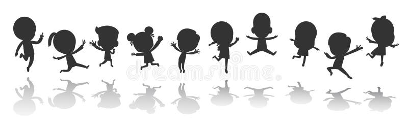 Big Group of black children silhouette playing jumping, kids silhouettes dancing, child silhouettes jumping on white background