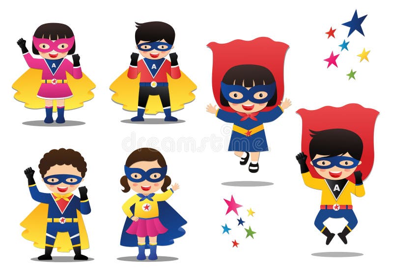 Cartoon vector illustration of Superhero kids boys and girls wearing colorful costumes vector illustration Cartoon vector illustration of Superhero kids boys and girls wearing colorful costumes vector illustration