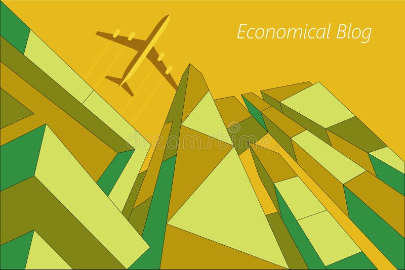 Airplane flies over modern high-rise buildings. vector illustration