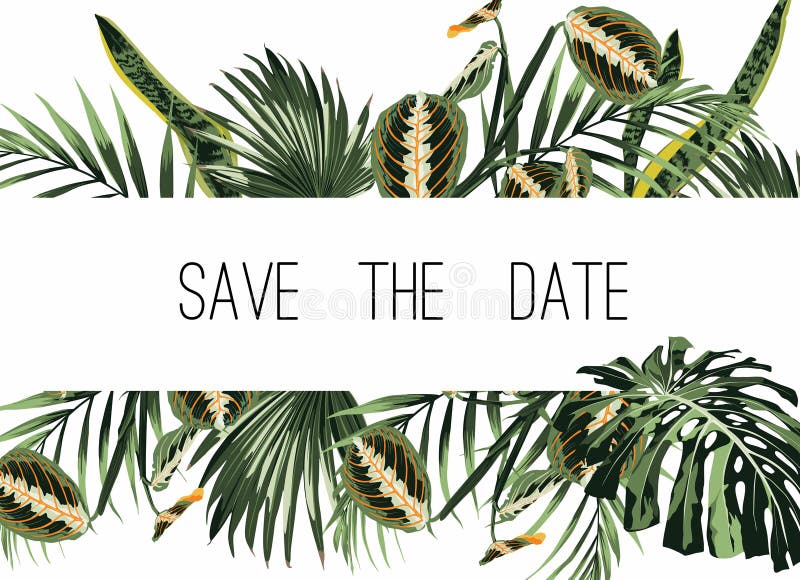 Botanical wedding invitation card template design, many kind of tropical leaves and plants stock illustration Botanical wedding invitation card template design, many kind of tropical leaves and plants stock illustration