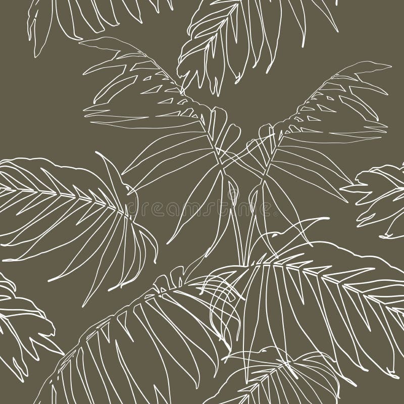Nature seamless pattern. Hand drawn tropical summer background: white palm tree leaves, line art. royalty free illustration Nature seamless pattern. Hand drawn tropical summer background: white palm tree leaves, line art. royalty free illustration