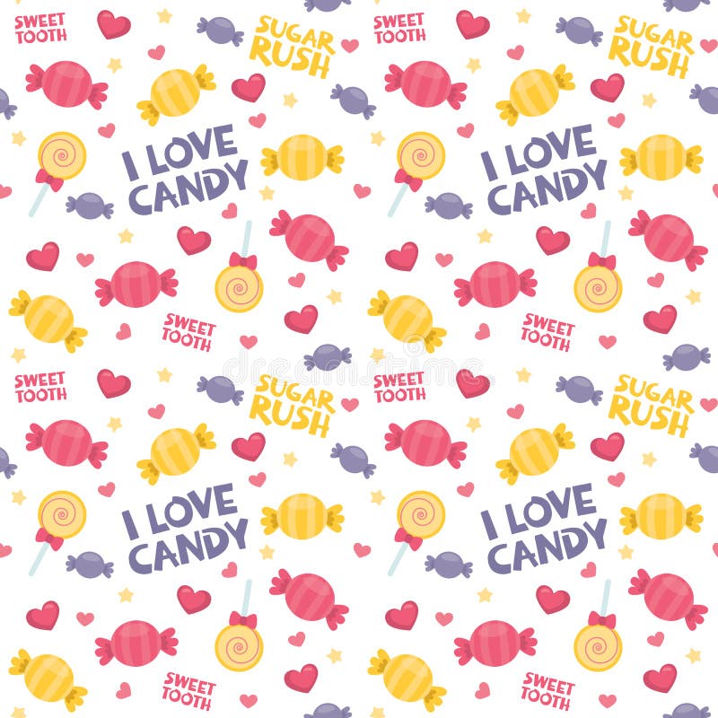 Colorful Sweets: Wrapped Candy, Lolly Pop, Pink Hearts and Candy Text Seamless Pattern Isolated on White Vector Illustration
