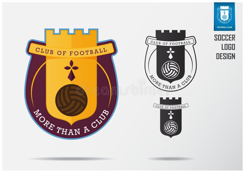 Soccer logo or Football Badge template design for football team. Sport emblem design of golden Fortress on Claret shield. Football club logo in black and white icon. Vector Illustration.