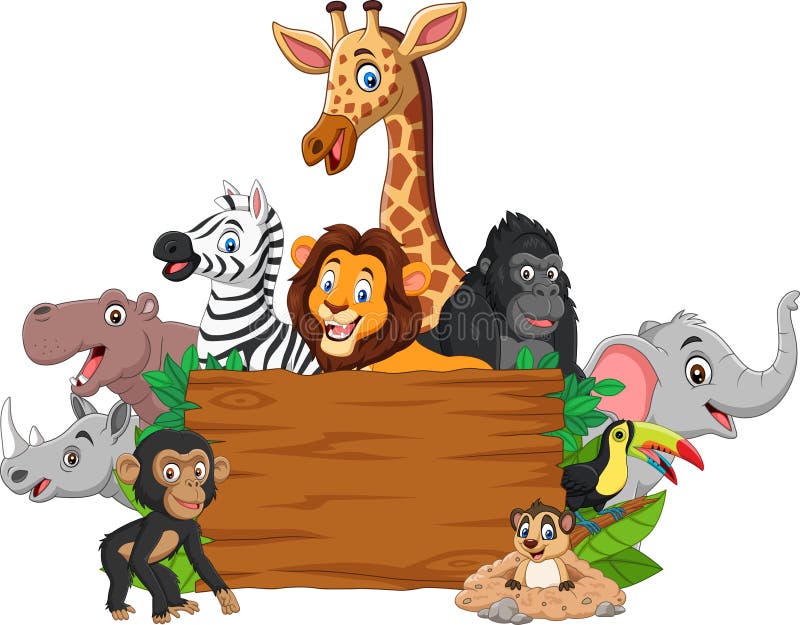 Cartoon wild animal with blank signboard stock illustration