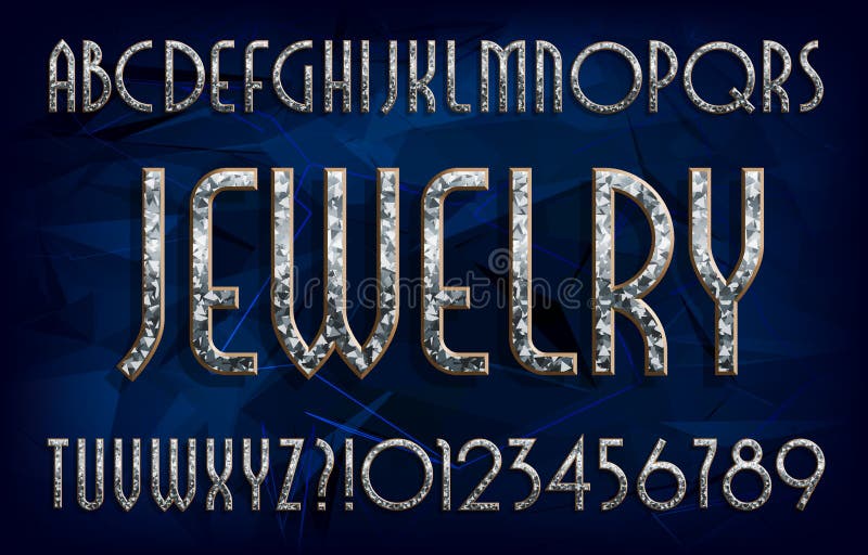 Jewelry alphabet font. Art deco golden letters and numbers with diamond gemstone. stock illustration Jewelry alphabet font. Art deco golden letters and numbers with diamond gemstone. stock illustration