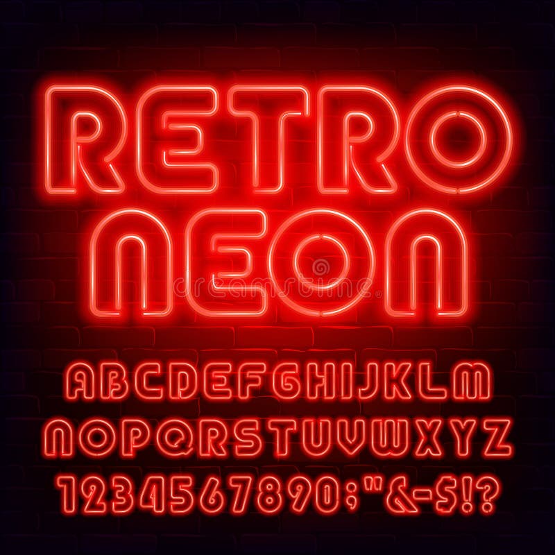 Retro Neon Alphabet Font. Orange Neon Light Condensed Letters and ...