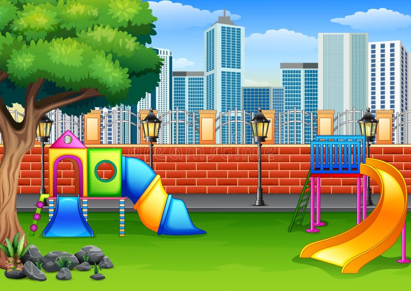 Cartoon Urban Park Kids Playground In The Nature Background Stock