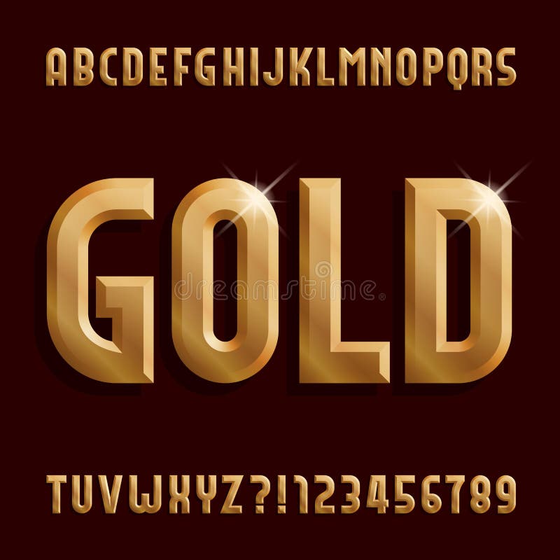 Gold alphabet font. Beveled golden letters, numbers and symbols.