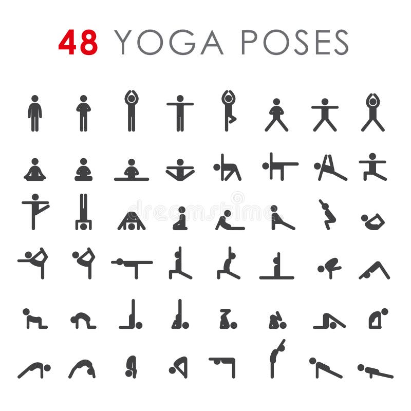 Big yoga poses asanas icons set. Vector illustrations. For logo yoga branding. Yoga people infographics. Stick figures