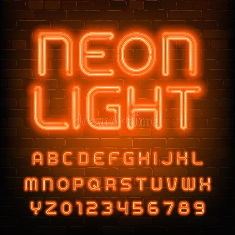 Neon Light Alphabet Font. Simple Orange Neon Letters And Numbers. Brick ...