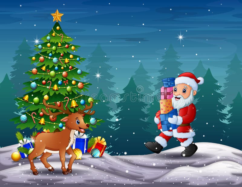 Cartoon Santa Claus and Deer in North Pole Stock Vector - Illustration of  december, road: 165788302