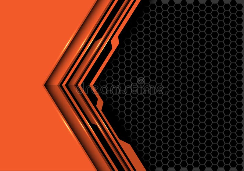 Abstract orange black circuit arrow direction with grey hexagon mesh design modern futuristic technology background vector