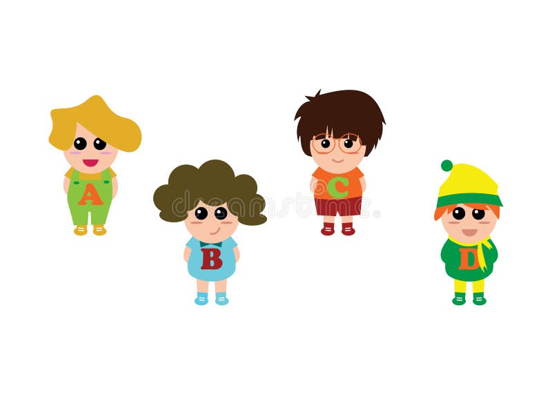 Four Kids character funny cute vector illustration, happy cute cartoon little boy royalty free illustration