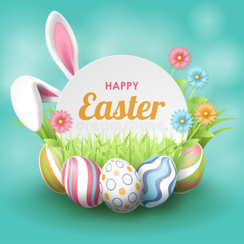 Happy Easter Background with Realistic Painted Eggs, Grass, Flowers