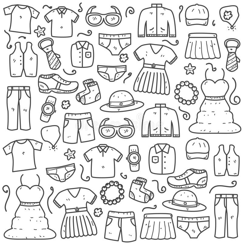 Set of Clothes and Accessories Doodle Vector Illustration Cute Hand Drawn Style Stock Vector