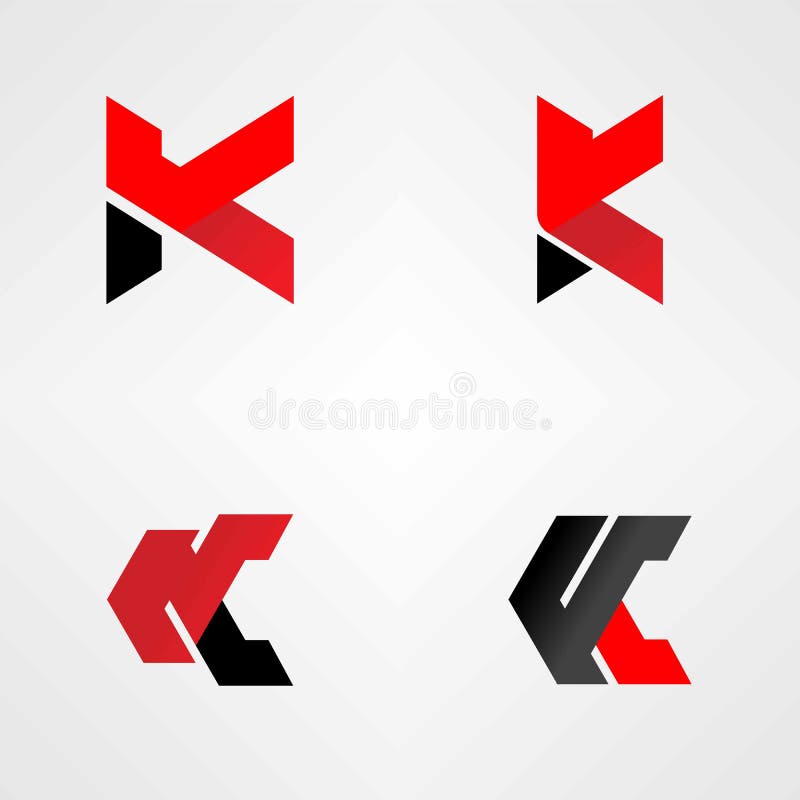 Several types of letters K with black and red coloring. Describe several forms of the letter K that can be used as symbols in writing