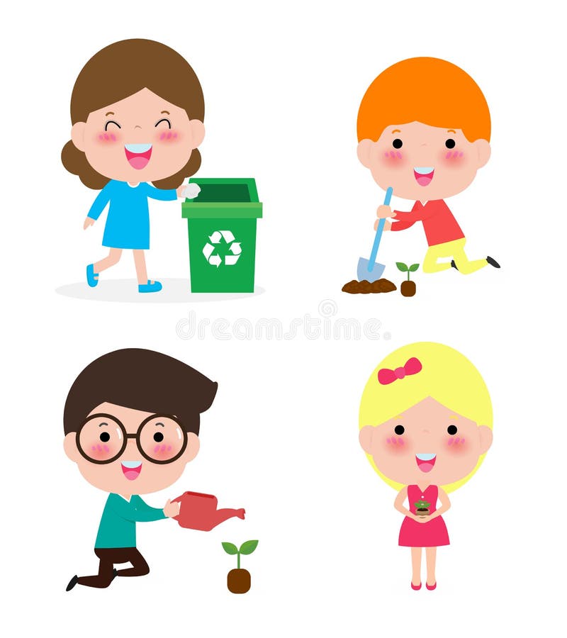 Cute kids volunteer. Children collect rubbish for recycling. A child plants trees. isolated on white background Illustrator Vector royalty free illustration