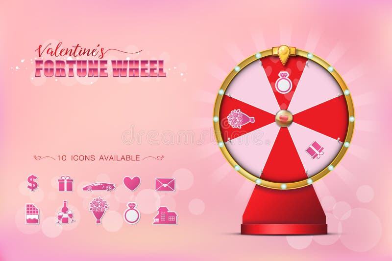 Valentine Spinning Fortune Wheel in realistic style with 10 Icons for Selection on Bokeh Background.