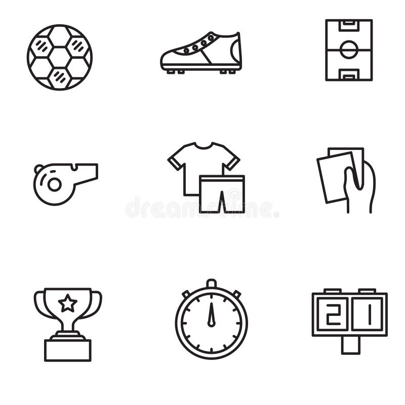 Set of Soccer Related Icons in Black Line Design Stock Vector
