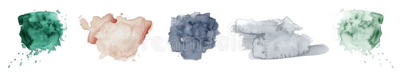 Abstract watercolor green, pink and grey shapes on white background. Color splashing hand drawn vector