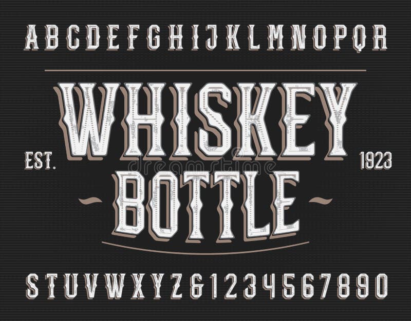 Whiskey Bottle Alphabet Font. Retro Letters and Numbers. Stock Vector