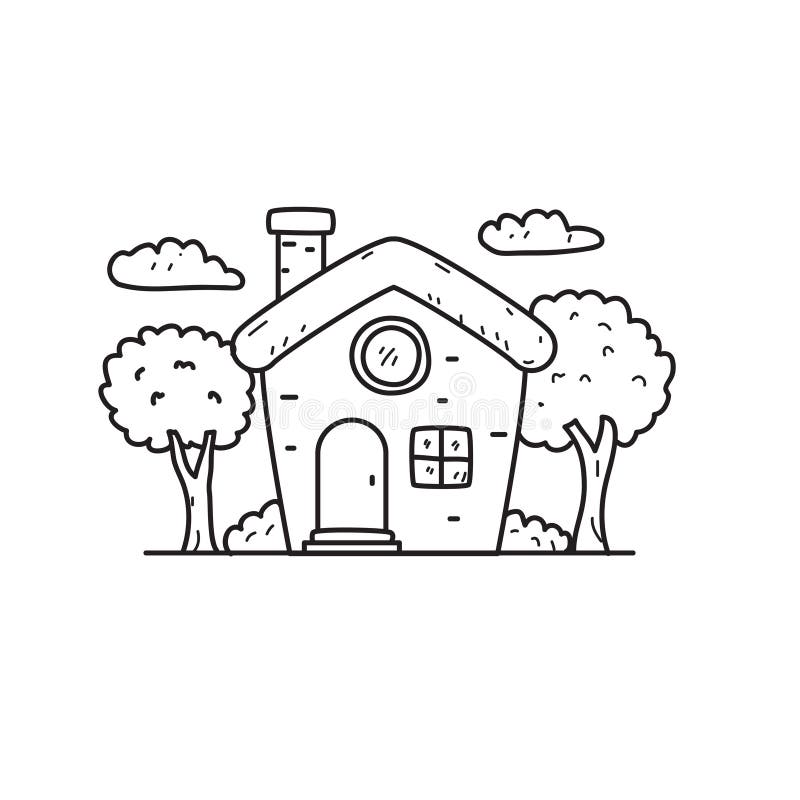 Cute House Cartoon Vector Illustration in Black and White Line Design Stock  Vector - Illustration of estate, background: 175570899
