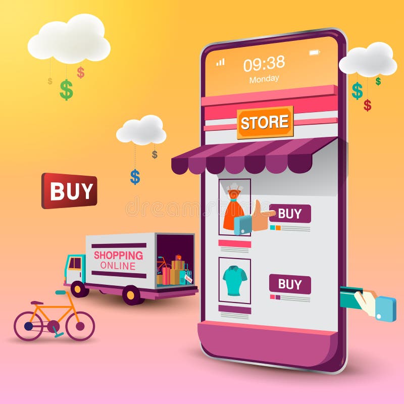 Shopping Online on Mobile VECTOR royalty free illustration