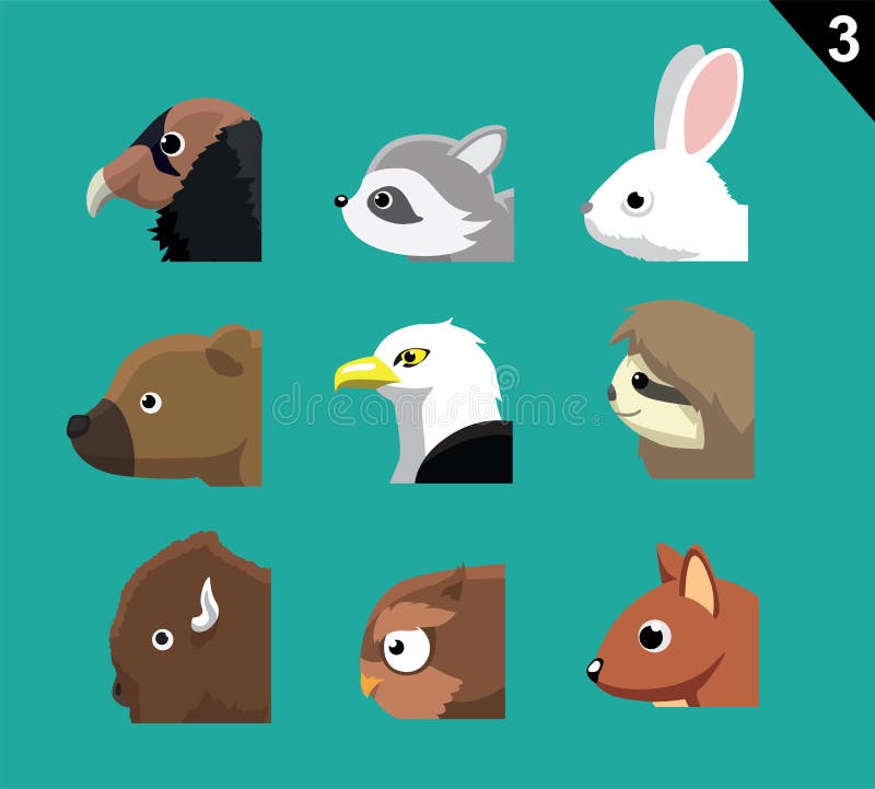 Animal Cartoon Faces Side View Set 3 American Stock Vector - Illustration  of icon, face: 177903728