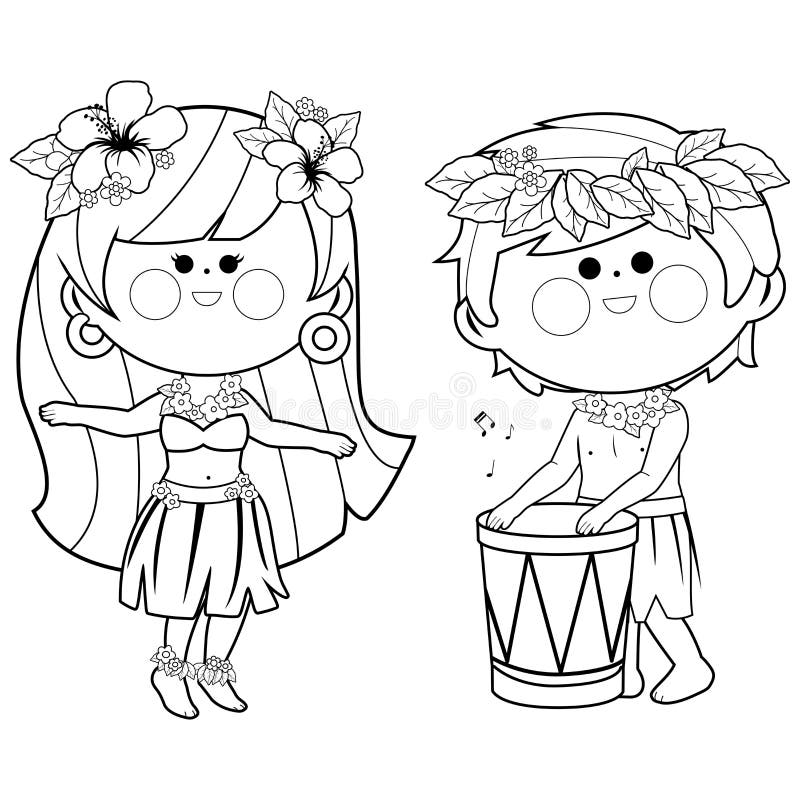 Download Hawaiian Children Playing Music With A Drum And Hula Dancing. Vector Black And White Coloring ...