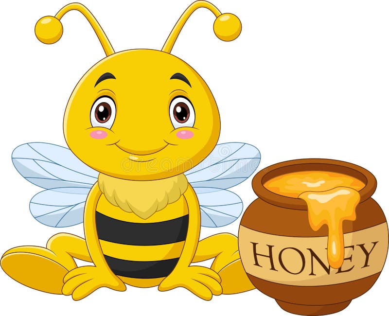 Cartoon little bee with honey pot