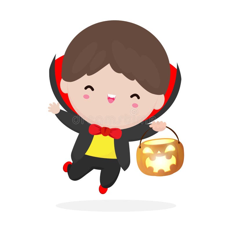 Happy Halloween. Cute Little Dracula Vampire Holding Pumpkin and Flying ...