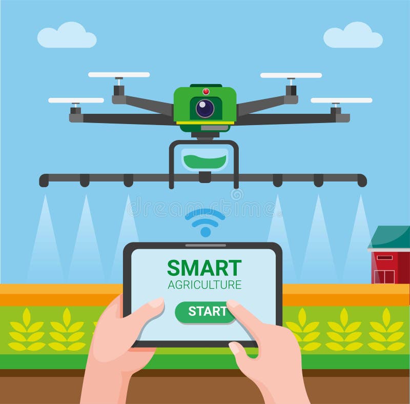 Drone smart agriculture, farmer use tablet controlling drone to spray chemical to wheat field. cartoon flat illustration vector royalty free illustration