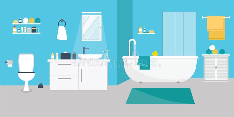 Bathroom Interior With Furniture In Flat Design Style Vector